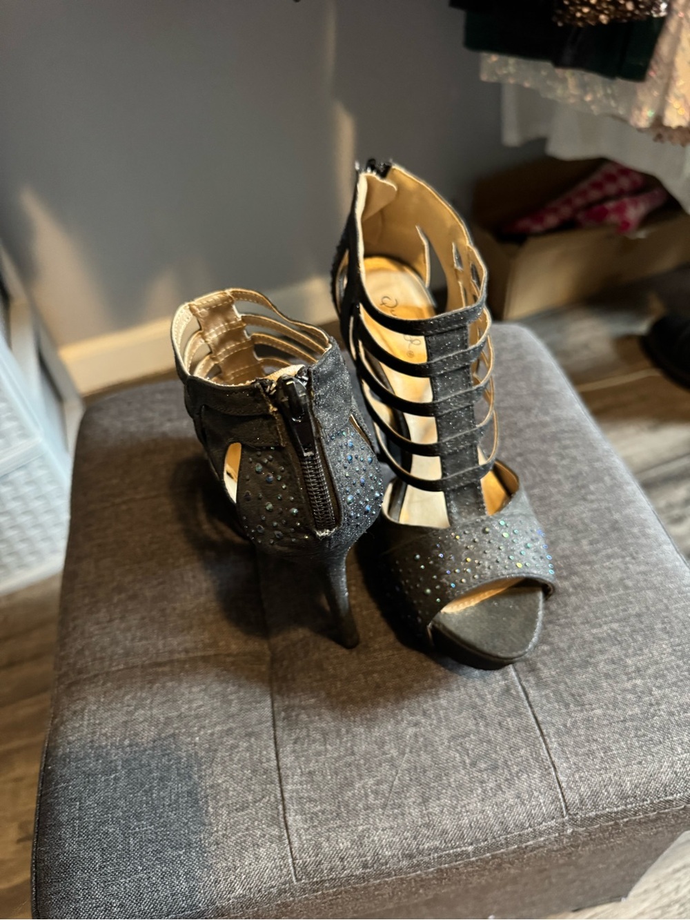 Strappy Black High Heel Sandals with Sparkle